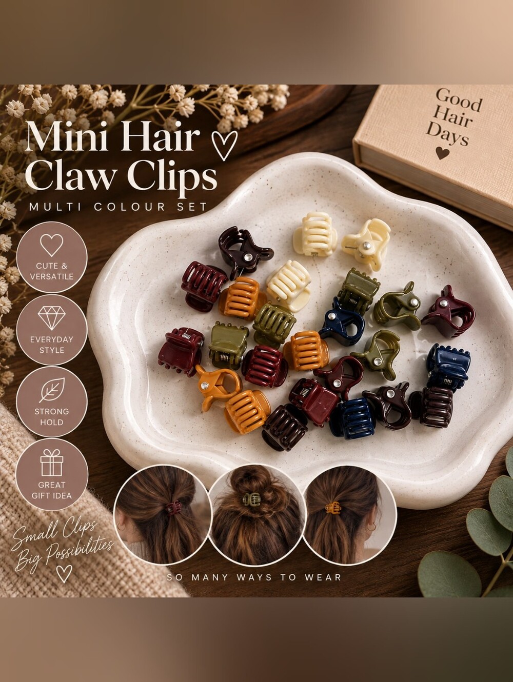 25 Assorted Mini Hair Claw Clips – Multi-Colour Neutral Earth Tones Set New